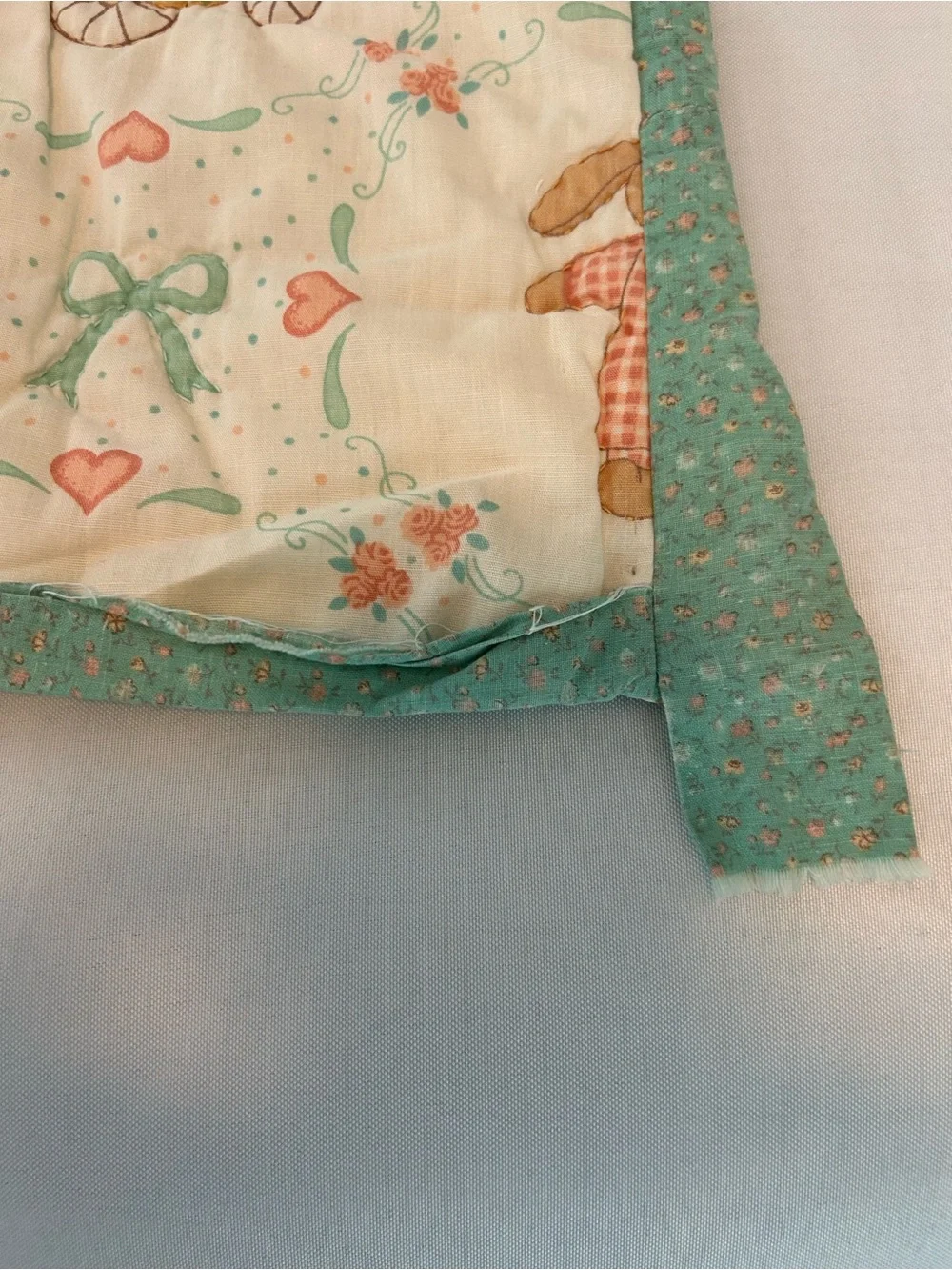 Vintage Hand Stitched Baby Quilt Blanket Mint Green Coral Baby Doll Animals